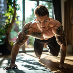 Fototapeta premium fitness exercise workout man muscles push-ups strength determination tattoo indoor daylight health training lifestyle 