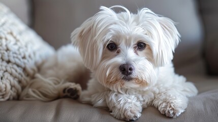 Close-up portrait of an adorable white dog relaxing on a couch at home