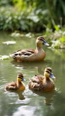Obraz premium A family of ducks swimming in a tranquil pond, ducklings following their mother, peaceful and picturesque, Photography, shot with a 100-400mm lens in bright daylight