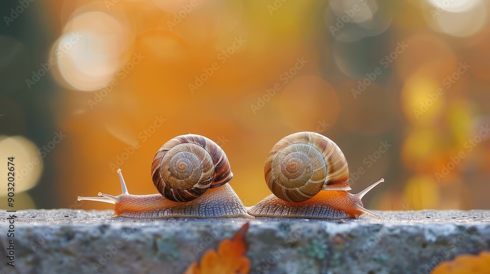 Poster two snails exploring the edge of a table in autumn light
