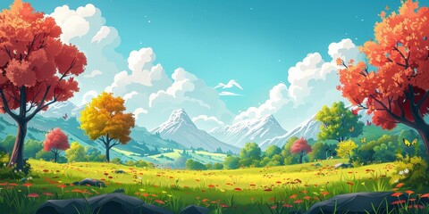 Serene Cartoon Nature Scene with Lush Greenery