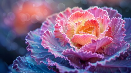 Close up of blooming cabbage with dew drops in early morning light