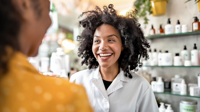 A pharmacist woman in a white lab coat is smiling at a woman in a yellow shirt