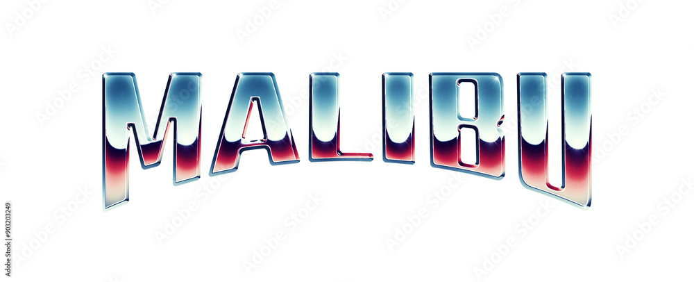 Poster malibu city name written in retro 1980s style chrome text effect isolated on transparent background