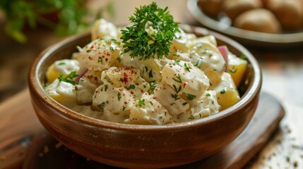 Homemade potato salad with herbs and spices in a rustic bowl