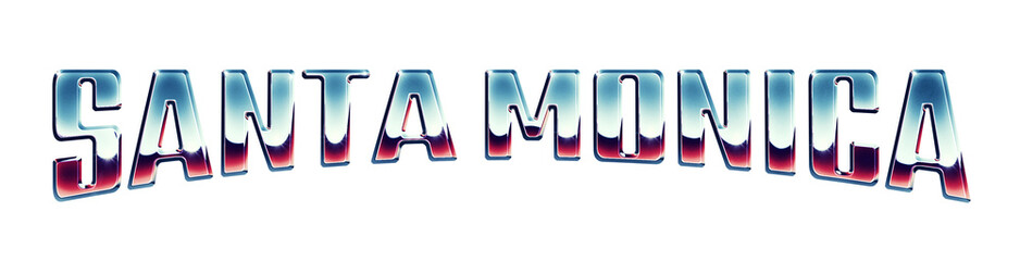 Santa Monica city name written in retro 1980s style chrome text effect isolated on transparent background