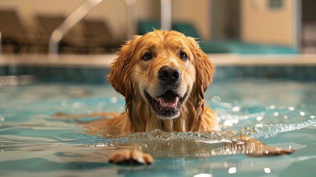 Golden retriever swimming in pool during rehabilitation session
