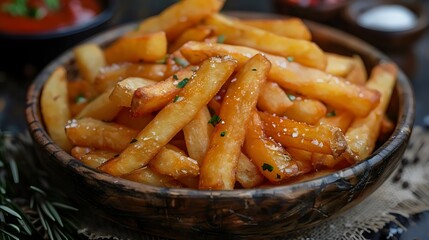 A bowl of french fries with parsley on top