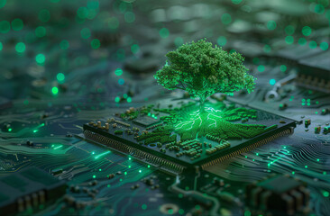 Árvore crescendo no ponto convergente da placa de circuito do computador. Computação verde, tecnologia verde, TI verde, RSE e ética de TI. Conceito de tecnologia verde. Tecnologia verde ambiental.