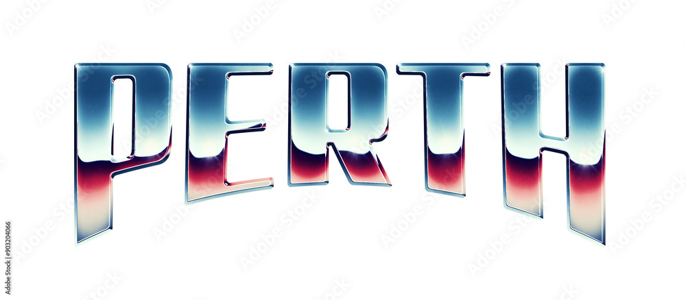 Poster perth city name written in retro 1980s style chrome text effect isolated on transparent background