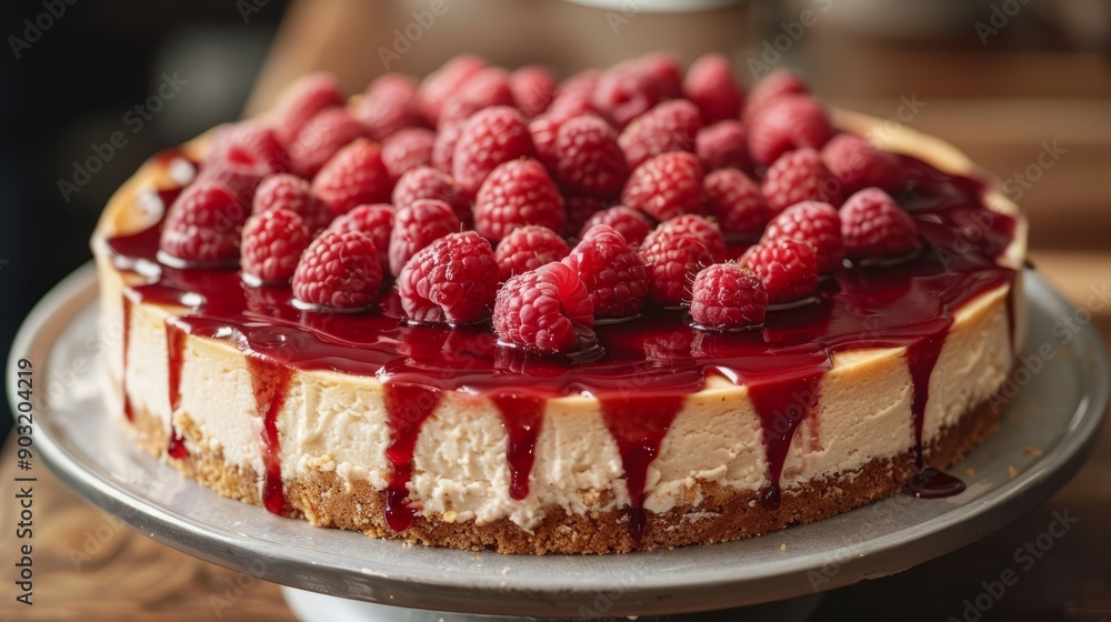 Poster cheesecake with raspberry sauce and fresh raspberries on display at a dessert event