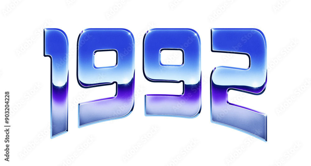 Poster year 1992 written in retro 1980s style chrome text effect isolated on transparent background