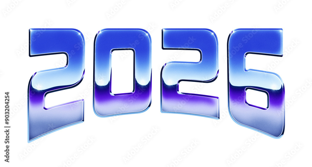 Poster year 2026 written in retro 1980s style chrome text effect isolated on transparent background