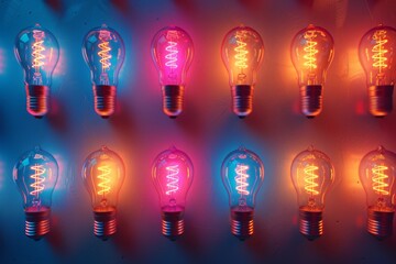 Multiple Neon Light Bulbs with Bokeh Effect on Black Background Emphasizing Creativity and Innovation