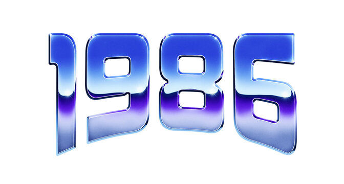 Year 1986 written in retro 1980s style chrome text effect isolated on transparent background