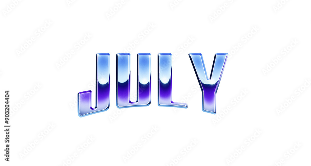 Poster ‘july’ written in retro 1980s style chrome text effect isolated on transparent background