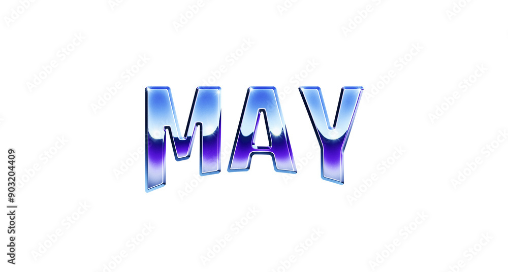 Aufkleber ‘may’ written in retro 1980s style chrome text effect isolated on transparent background