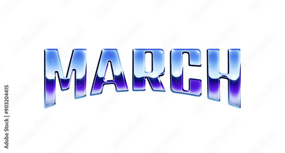 Poster ‘march’ written in retro 1980s style chrome text effect isolated on transparent background
