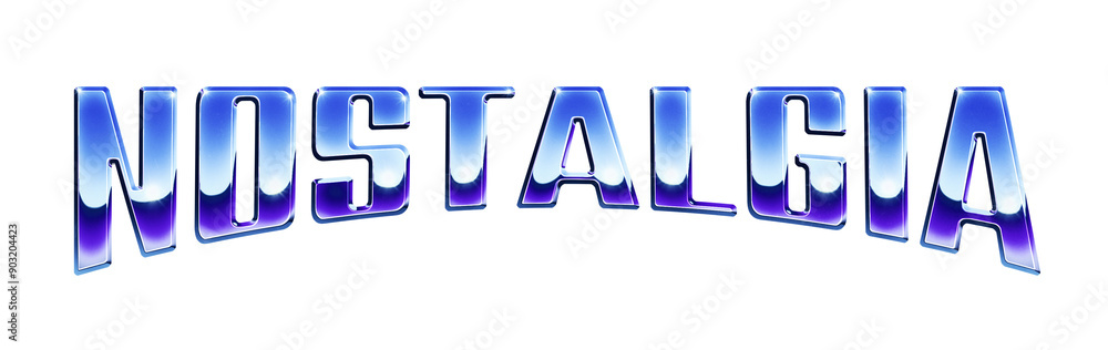 Poster word ‘nostalgia’ written in retro 1980s style chrome text effect isolated on transparent background