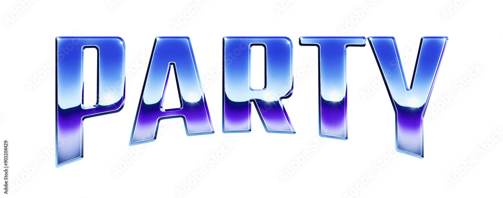 Poster word ‘party’ written in retro 1980s style chrome text effect isolated on transparent background