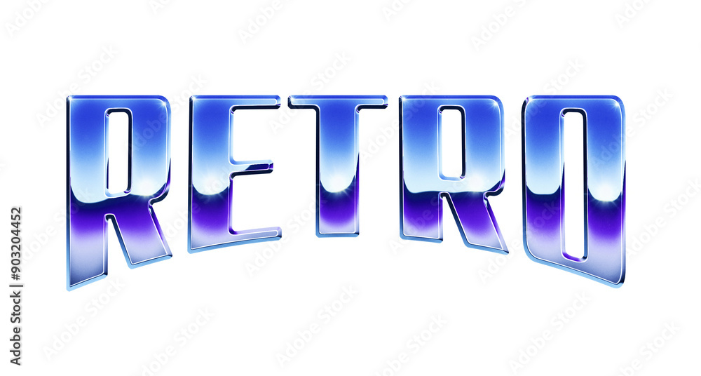 Poster word ‘retro’ written in retro 1980s style chrome text effect isolated on transparent background