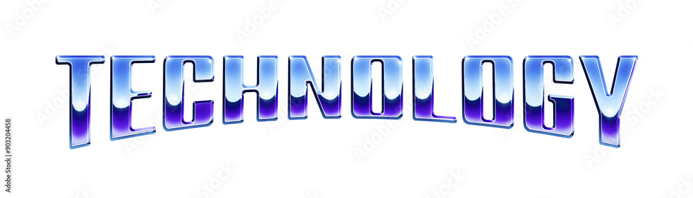 Poster word ‘technology’ written in retro 1980s style chrome text effect isolated on transparent background