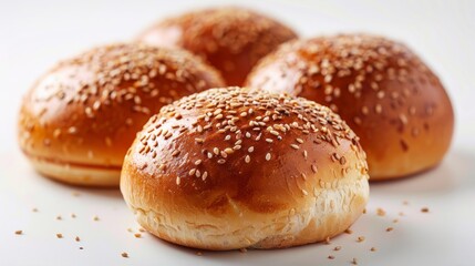Freshly baked sesame burger buns on plain white background