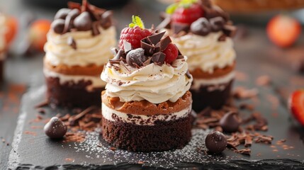 Mini cakes topped with cream and chocolate for a festive celebration in a cozy setting