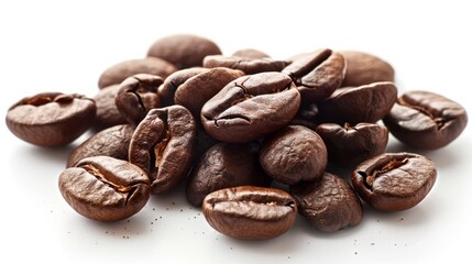 Naklejka premium Freshly roasted coffee beans piled on isolated white background