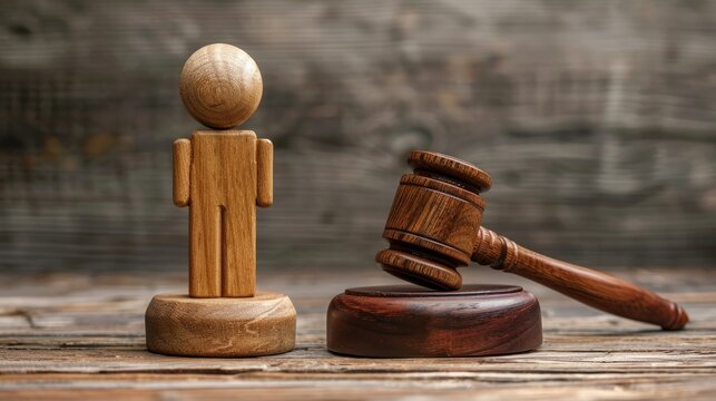 Human rights law judge's gavel and wooden figurine on rustic table