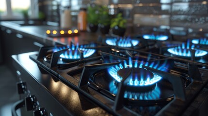 Close-up of gas stove burners in modern kitchen with flames illuminating cooking area