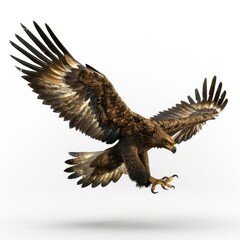 Obraz premium A large golden eagle with a long tail is flying in the air. The bird has a strong and powerful appearance, with its wings spread wide and its talons ready to catch prey