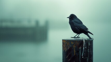 Bird perched on steel pole overlooking foggy water at dawn