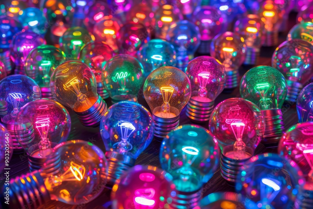 Aufkleber array of colorful light bulbs with reflective surface highlighting creative thinking and innovation