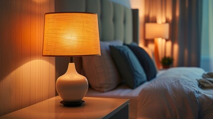 Contemporary table lamp illuminates nightstand in cozy bedroom setting