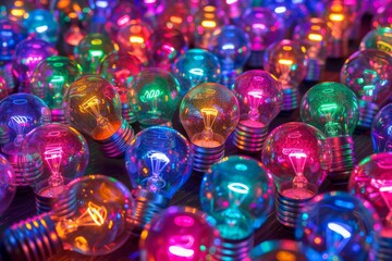 Array of Colorful Light Bulbs with Reflective Surface Highlighting Creative Thinking and Innovation