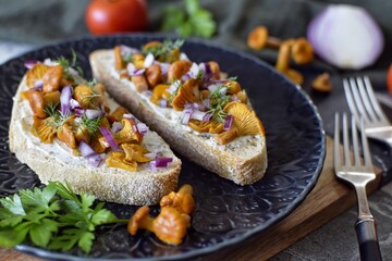 Sandwich, bruschetta with chanterelles and onions