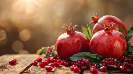 Vibrant pomegranate fruits displayed on rustic wooden table in natural light
