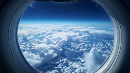 Fototapeta premium View of fluffy clouds and clear blue sky from an airplane window during daytime flight