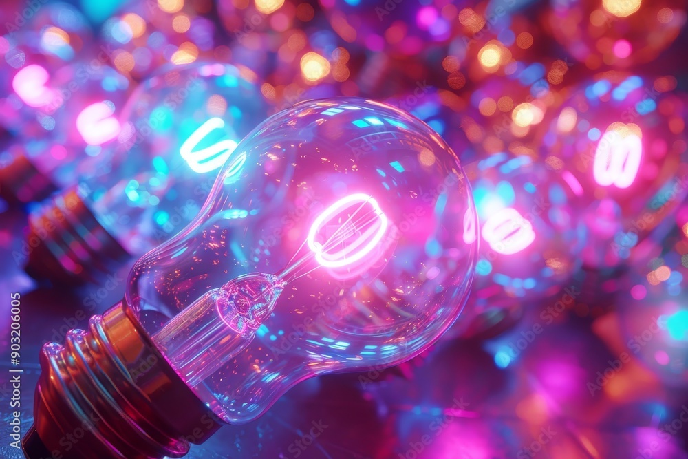 Aufkleber close up of neon light bulb with bokeh background emphasizing creativity and focused thinking