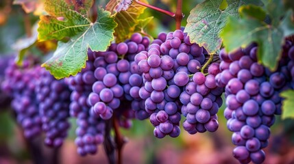 Naklejka premium Purple wine grapes growing on vines in a vineyard during harvest season