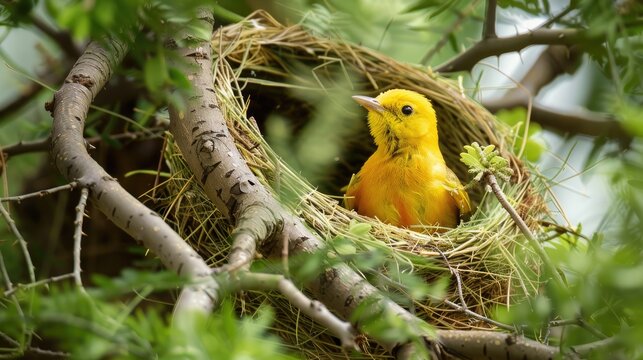 A tiny yellow bird nurtures its offspring in a grass nest on a tree in Tsavo East Kenya