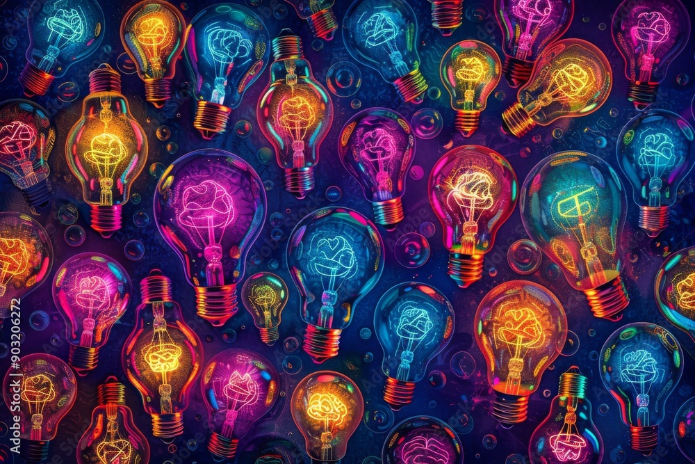 Poster neon light bulbs and bokeh lights in abstract pattern highlighting creativity and vibrant design