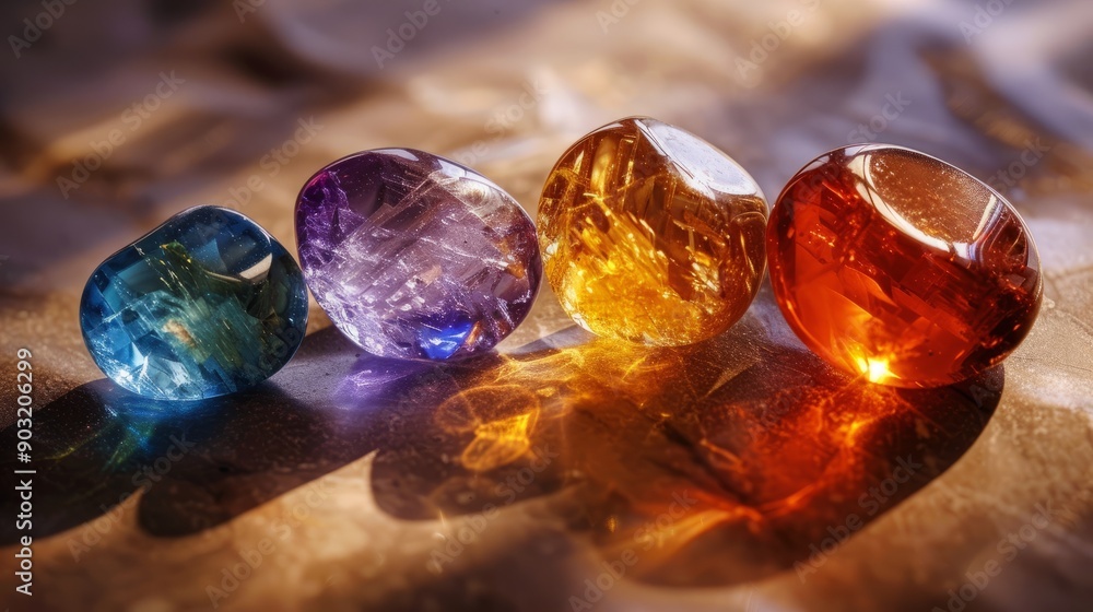 Poster assorted wisdom gems displayed on a textured surface in soft natural light