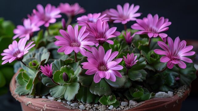 Blooming pericallis hybrida in clay pot with vibrant pink flowers