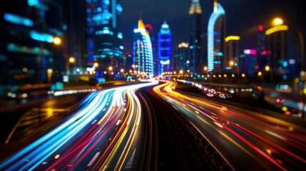 Fototapeta premium A city street at night with a lot of traffic and lights