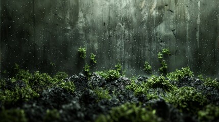 Black moss covers damp walls in forest environment with gentle rainfall