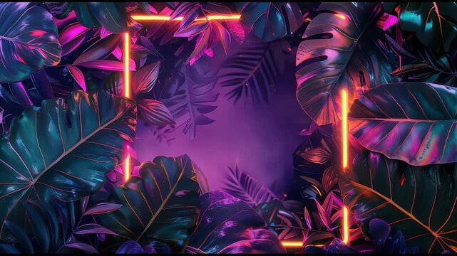 Dynamically drawn neon frame between palm trees.