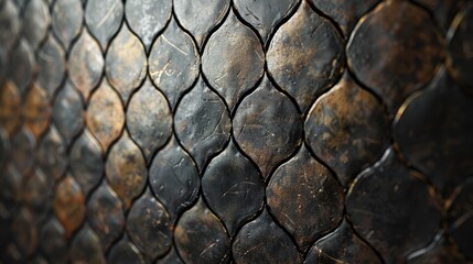 Close up of diamond shaped fish scale wall texture in warm light