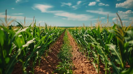 Naklejka premium Lush agricultural field of ripe sweet corn under a bright summer sky